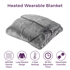 Carmen C81149GRY Heated Wearable Washable Blanket 183Cm X 155Cm Grey