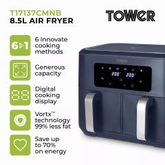 Tower T17137MNB Vortx 8.5L Dual Basket Air Fryer Midnight Blue