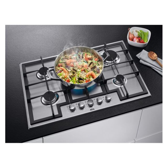Aeg HGB75400SM 75Cm Slim Gas Hob, 5 Energy Efficient Burners Including 1 Triple Crown Burner And Cas