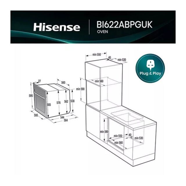 Hisense BI622ABPGUK Built In Electric Single Steam, Plug + Play Oven - Jet Black