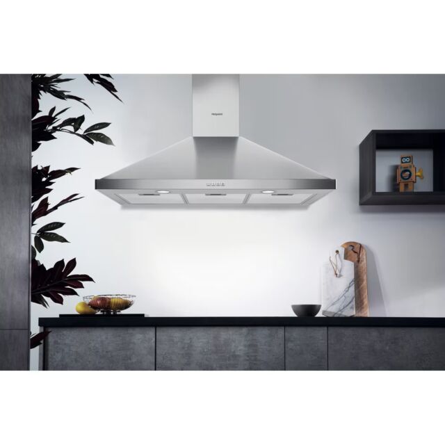 Hotpoint PHPN95FLMX 90Cm Chimney Hood - Button Control - Stainless Steel With Dishwashable Aluminium