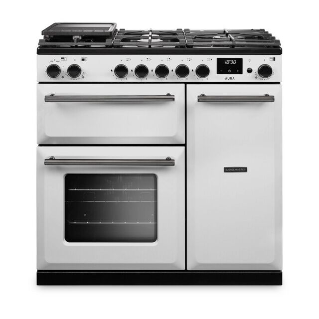 Rangemaster AURA90DFP/19275 90Cm Dual Fuel Range Cooker - White With Onyx Trim