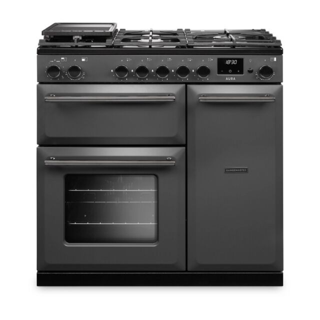 Rangemaster AURA90DFP/19277 Duel Fuel Range Cooker - Slate With Onyx Trim