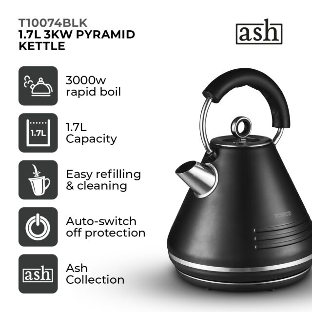 Tower T10074BLK Ash 1.7L Pyramid Kettle Black