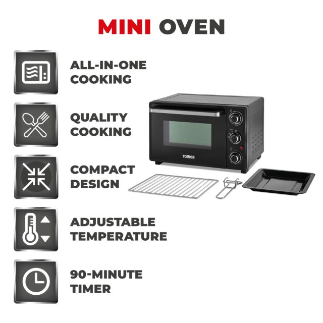 Tower T14043 23L Mini Oven Black With Silver Accents 