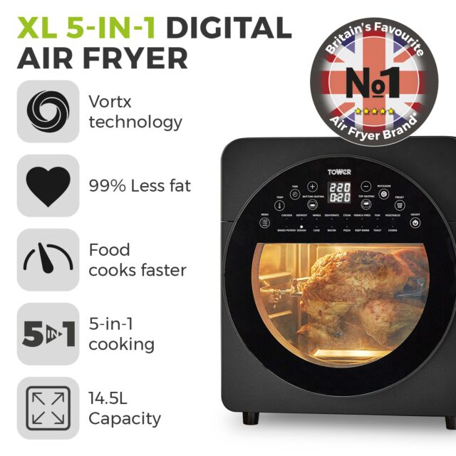 Tower T17051BLK Vortx Xl 14.5L 5-In-1 Digital Air Fryer Oven With Rotisserie Black