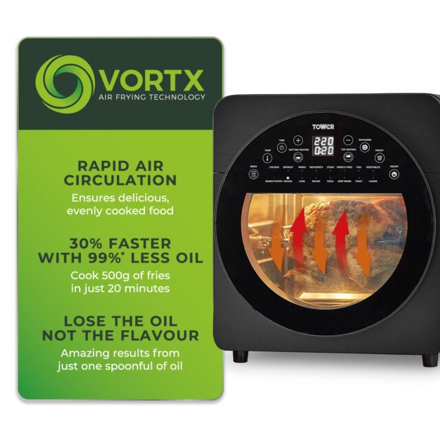 Tower T17051BLK Vortx Xl 14.5L 5-In-1 Digital Air Fryer Oven With Rotisserie Black