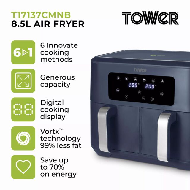 Tower T17137MNB Vortx 8.5L Dual Basket Air Fryer Midnight Blue