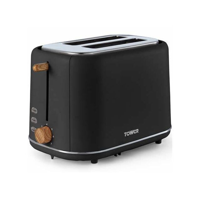 Tower T20027BLK Scandi 2 Slice Toaster Black With Wooden Accents