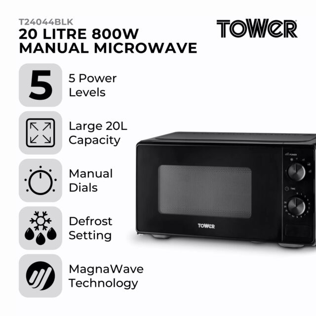 Tower T24044BLK 20 Litre 800W Manual Microwave Black