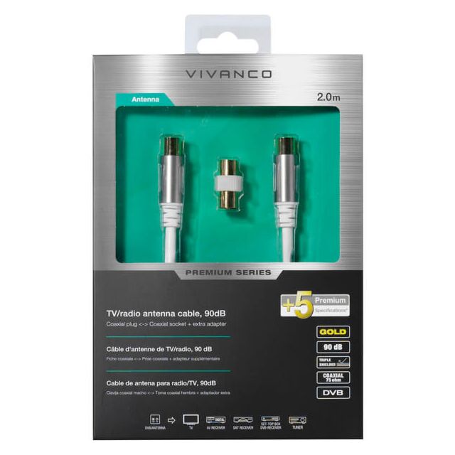 Vivanco 43151 Coaxial Male To Female Cable 2M 90Db White With Adaptor To Male