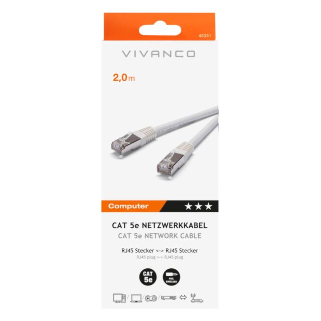 Vivanco 45331 Cat 5E Network Cable, 2M