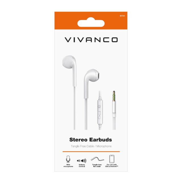 Vivanco 61741 Stero Earphones Tangle Free Cable / Microphone With Volume Control 