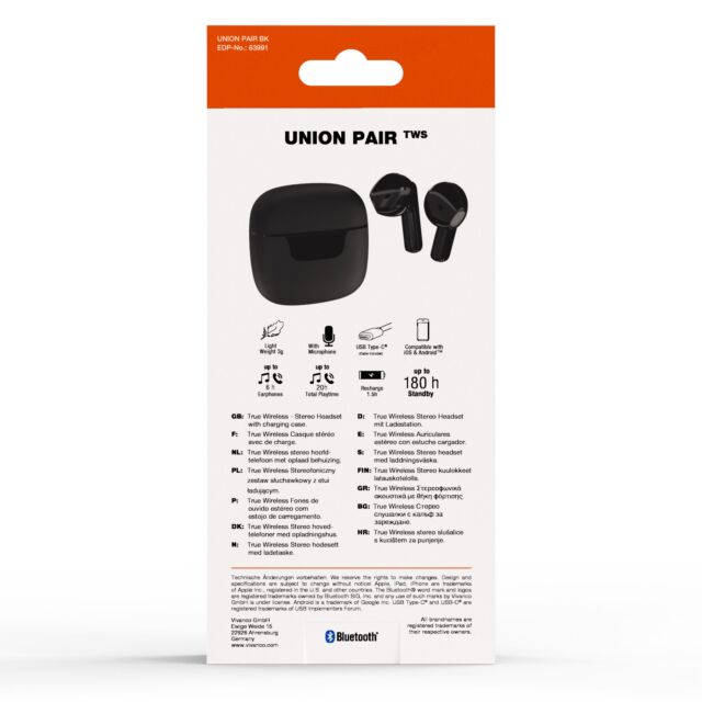 Vivanco 63991 Bluetooth Union Pair True Wireless Earbuds, Black