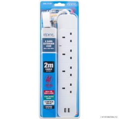 Elpine 31130H 2 Mtr 4 Gang 13 Amp Extension Lead With 2 USB Ports